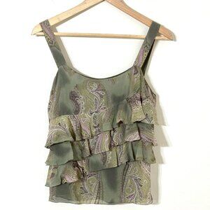 Vtg Express Y2K 100% Silk Paisley Ruffle Tank Top Asymmetric Forest Fairy Whimsy